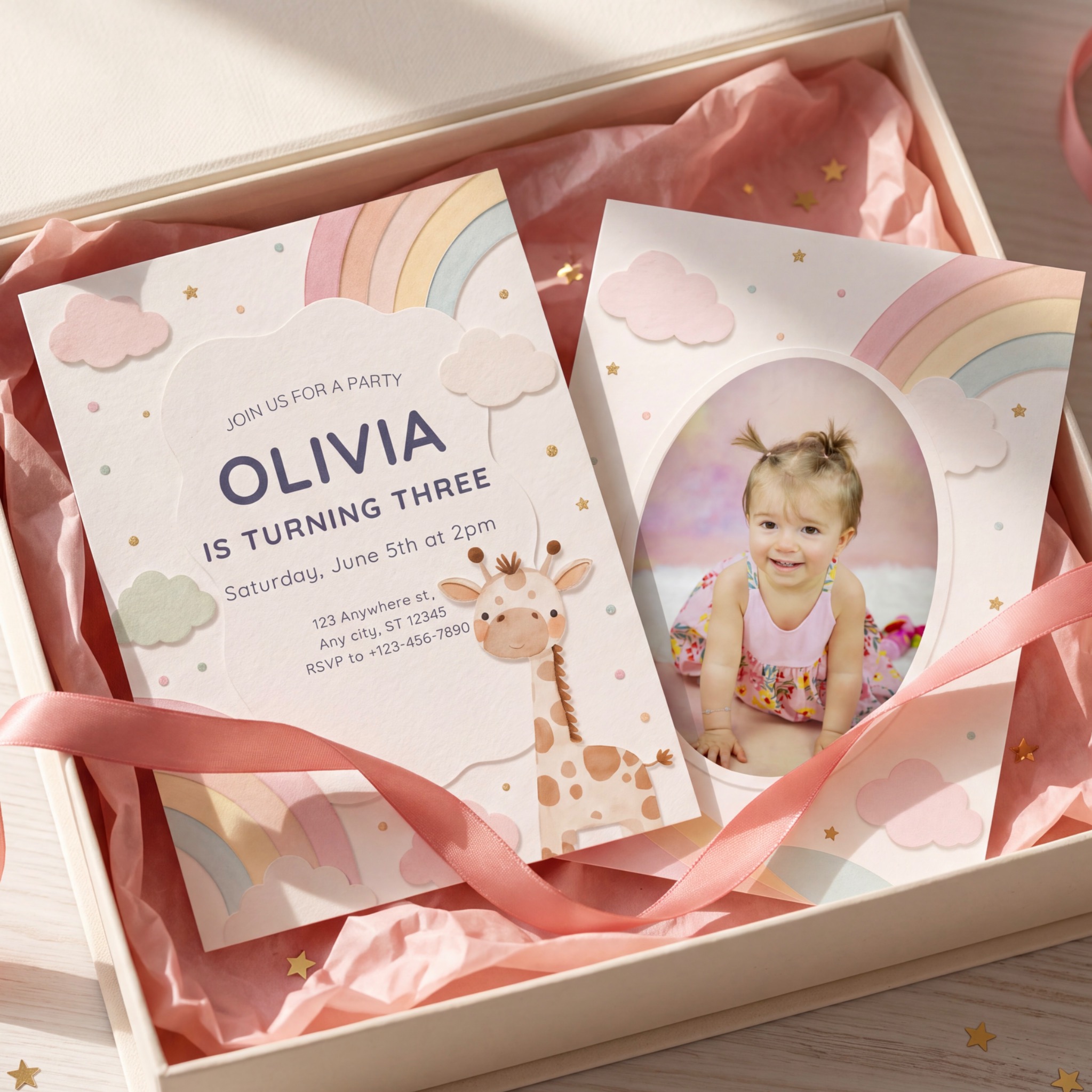 Giraffe & Rainbow personalized photo birthday invitation