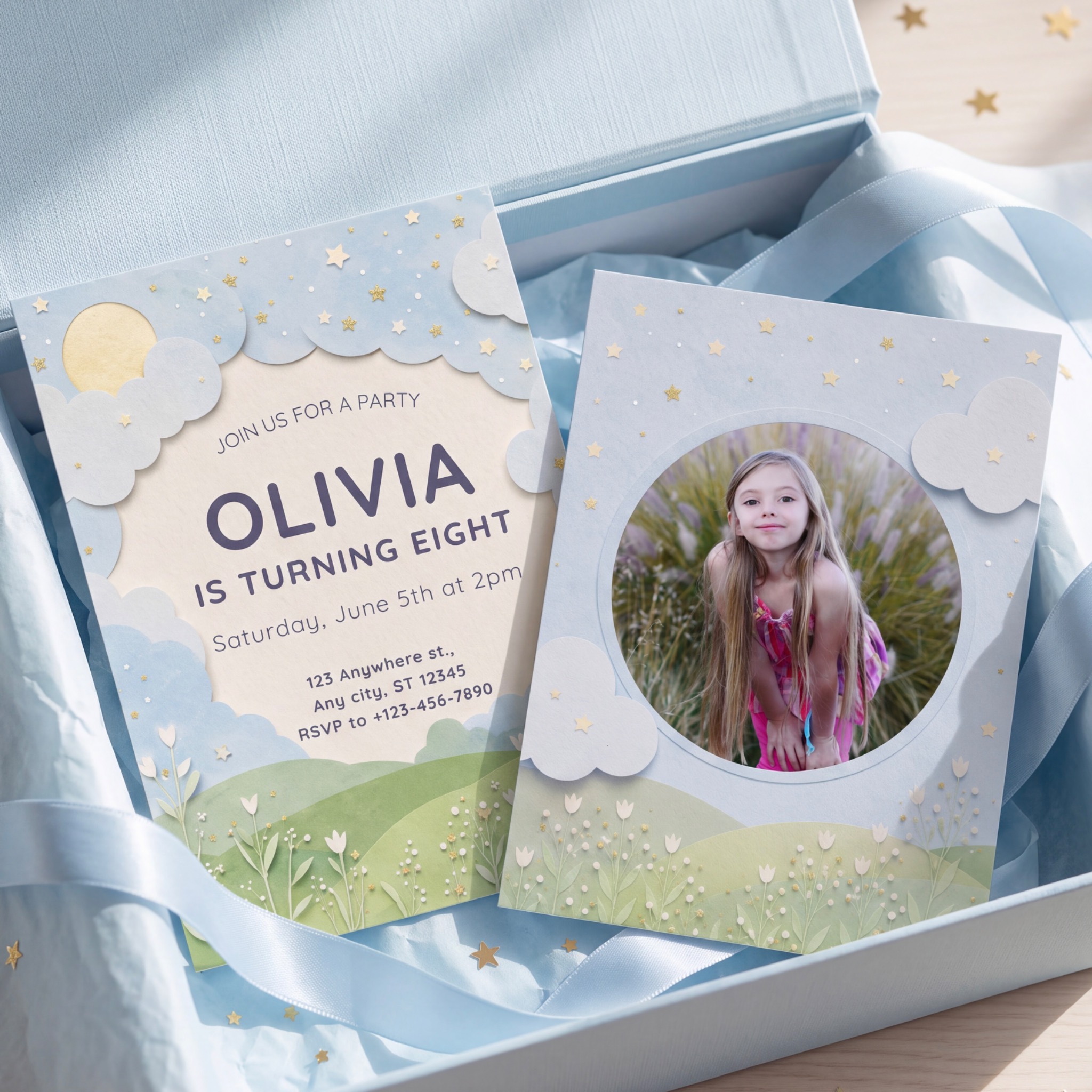 Moonlit Meadow personalized photo birthday invitation