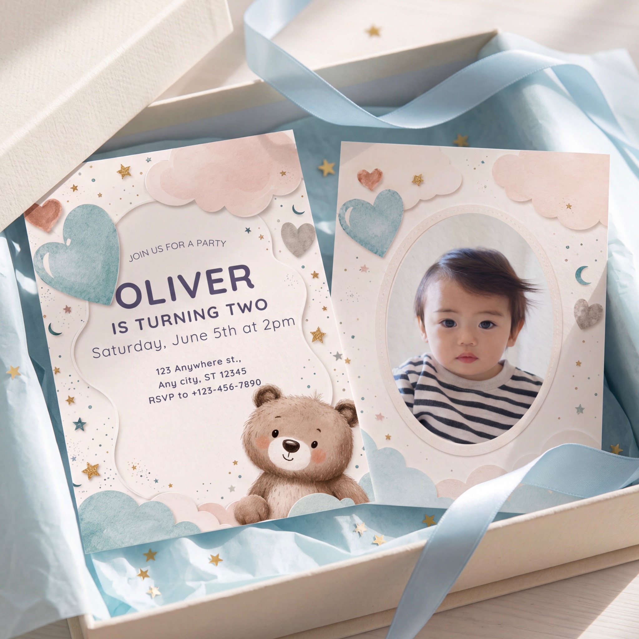 Teddy Bear & Moon personalized photo birthday invitation