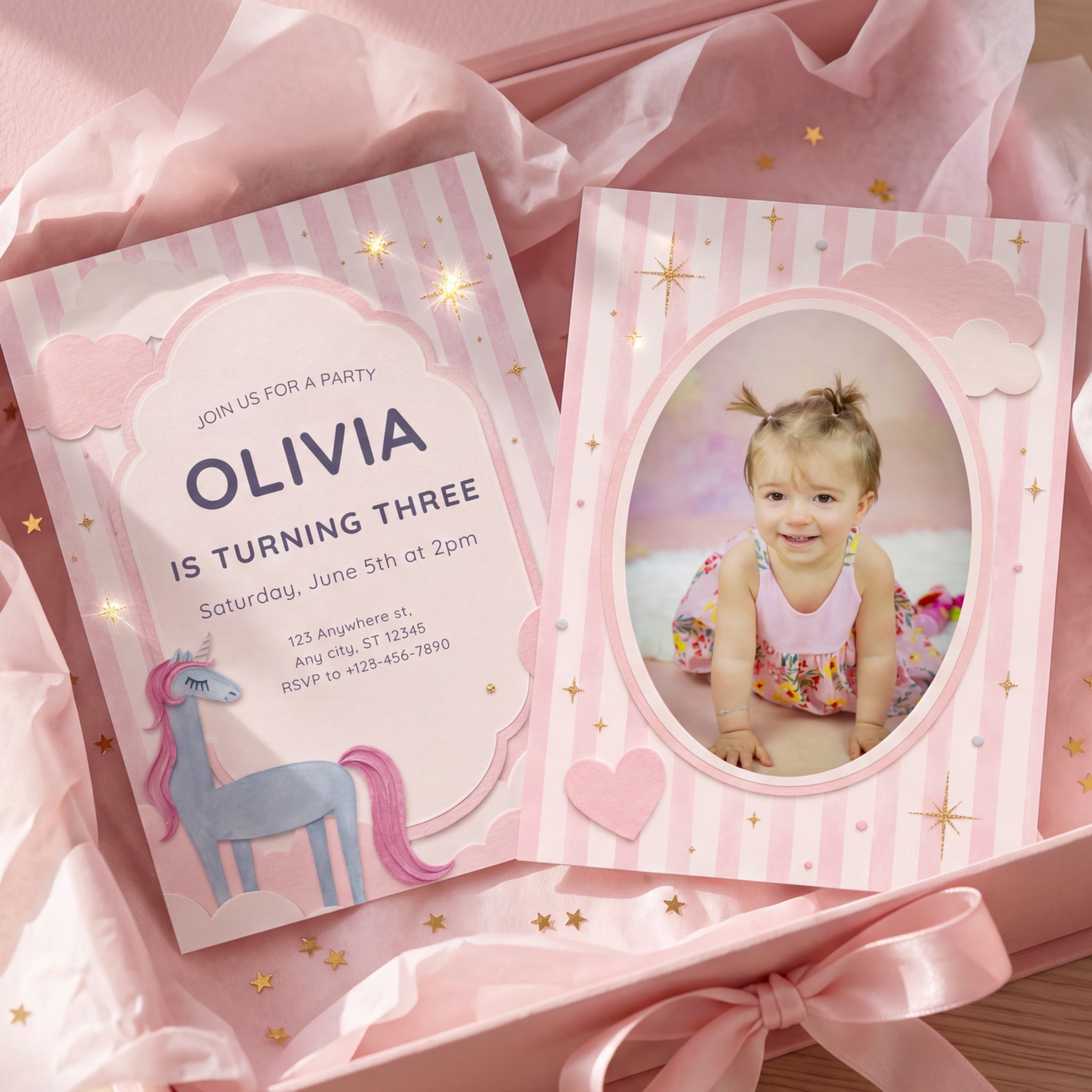 Pink Unicorn Wishes personalized photo birthday invitation